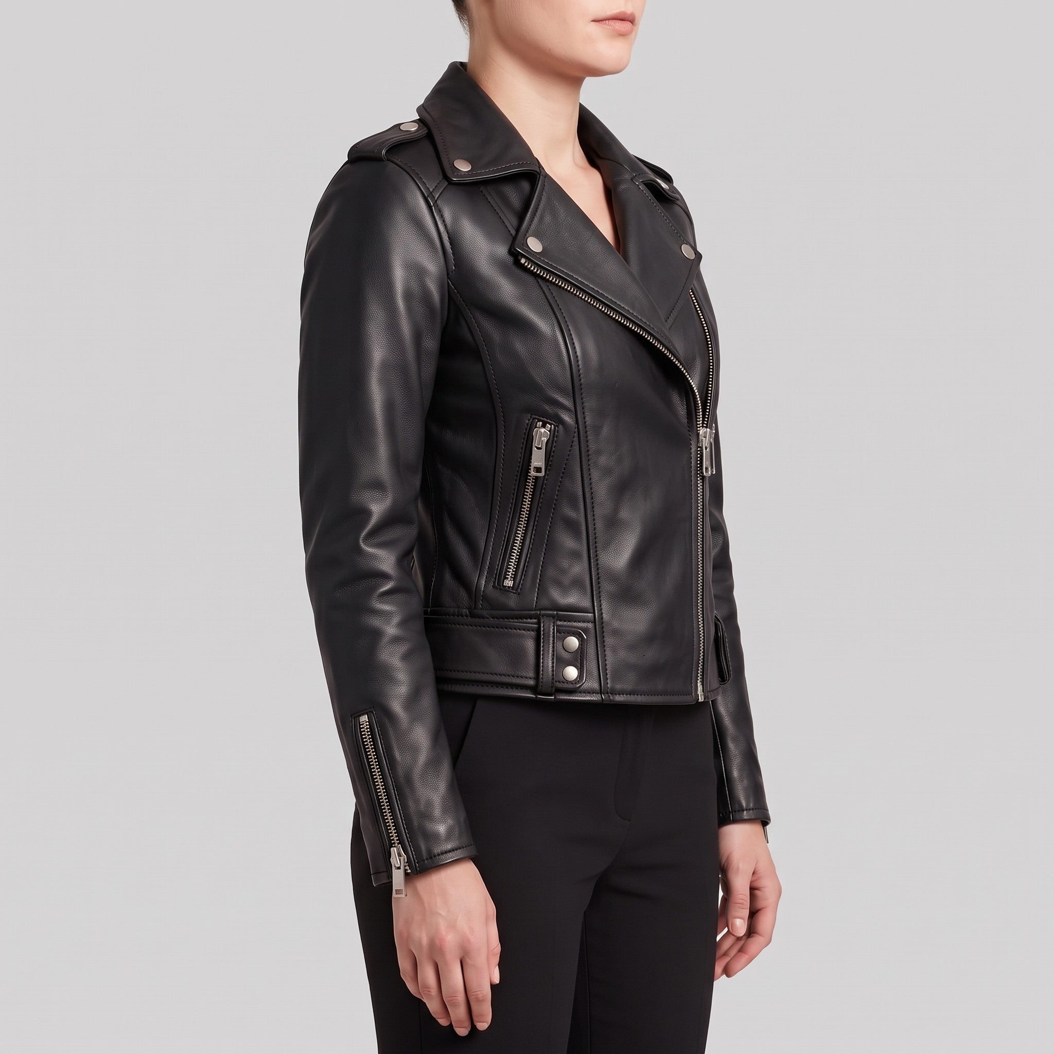 Women's Black Leather Biker Jacket — Channing