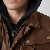 Men's Brown Hooded Leather Biker Jacket — Upton