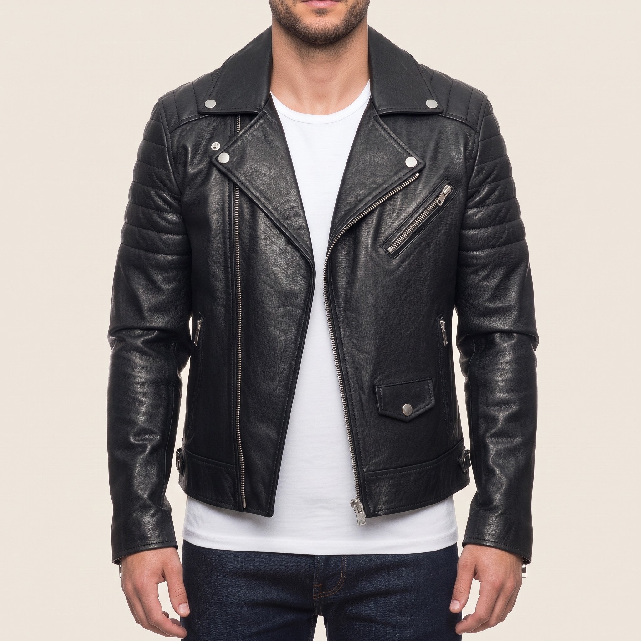 Men's Black Leather Biker Jacket — Hunter
