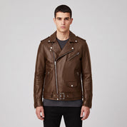 Men's Brown Belted Leather Biker Jacket — Avening
