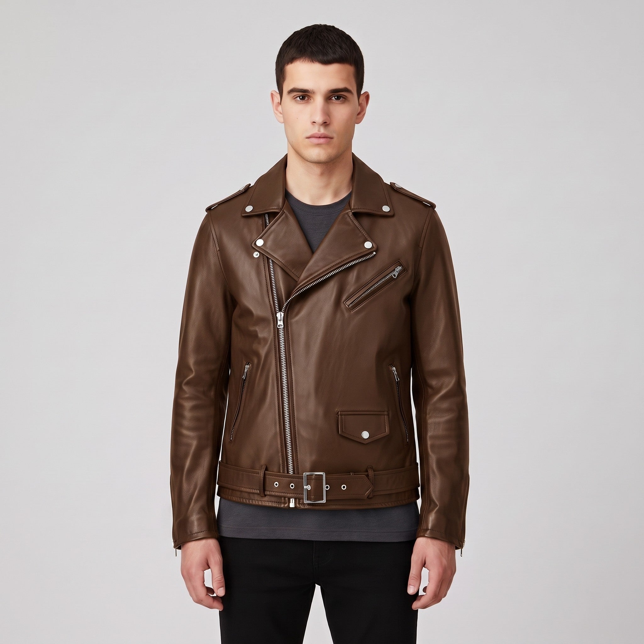 Men's Brown Belted Leather Biker Jacket — Avening