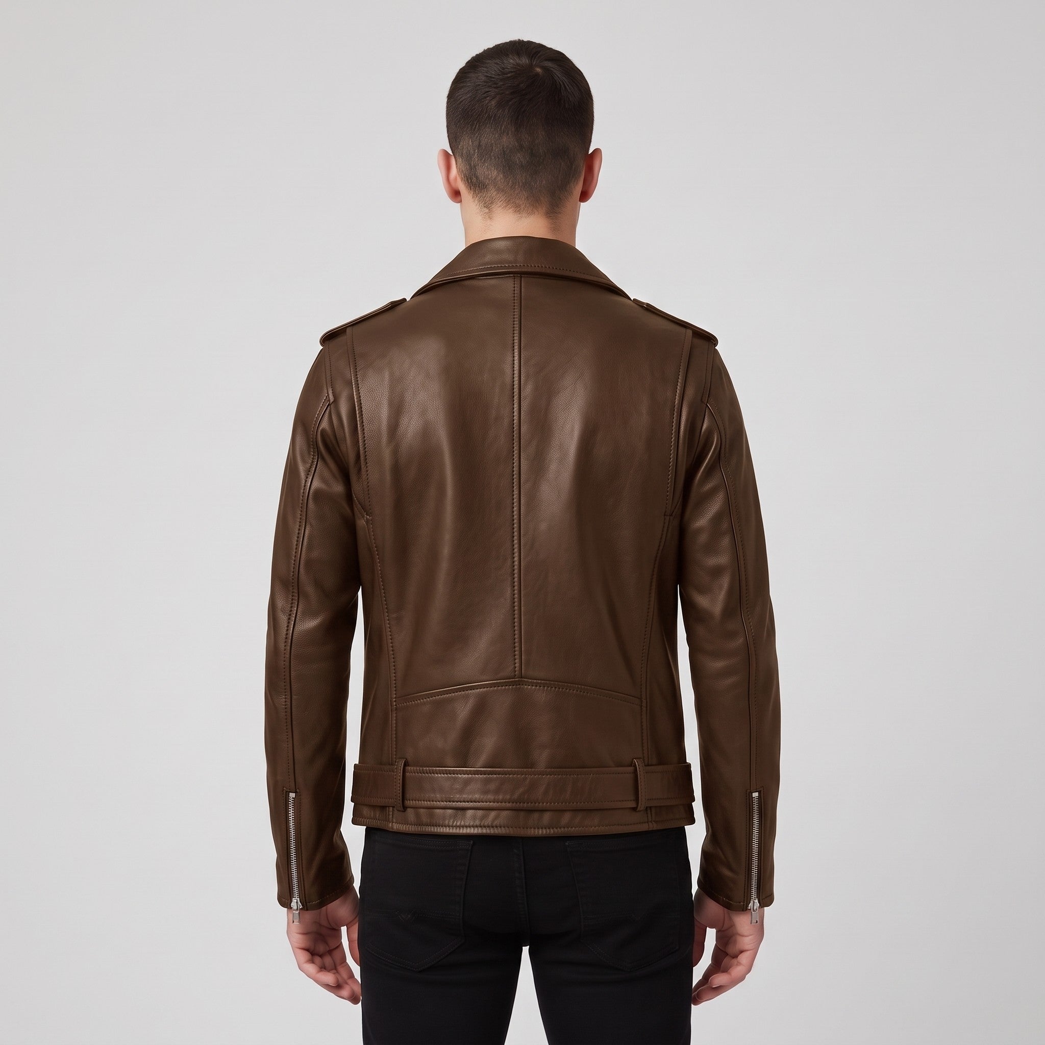 Men's Brown Belted Leather Biker Jacket — Avening