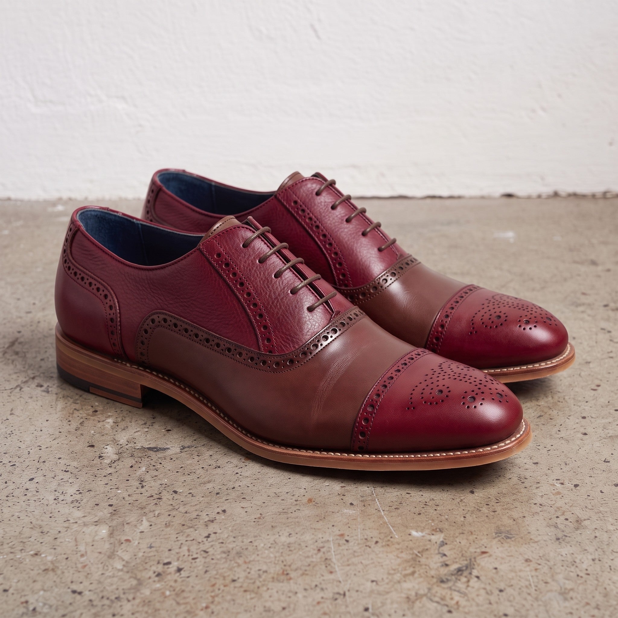 Men's Burgundy and Brown Cap-Toe Leather Spectator Oxfords — Lyneham