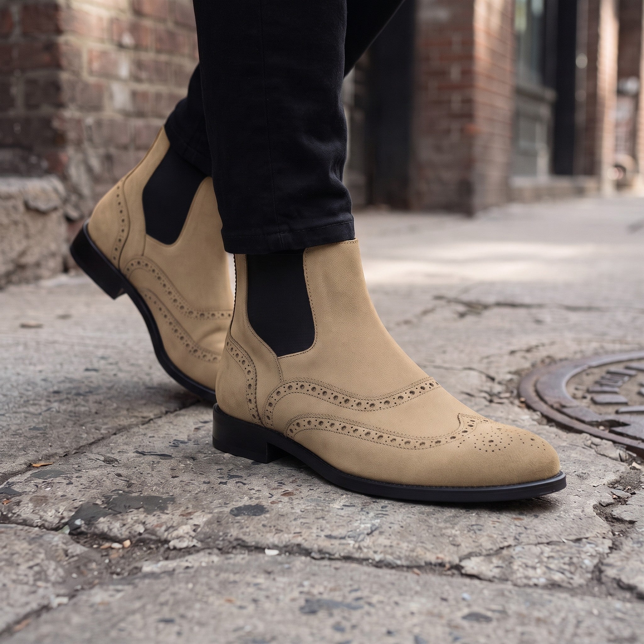 Men's Tan Wingtip Suede Chelsea Boots — Biddestone