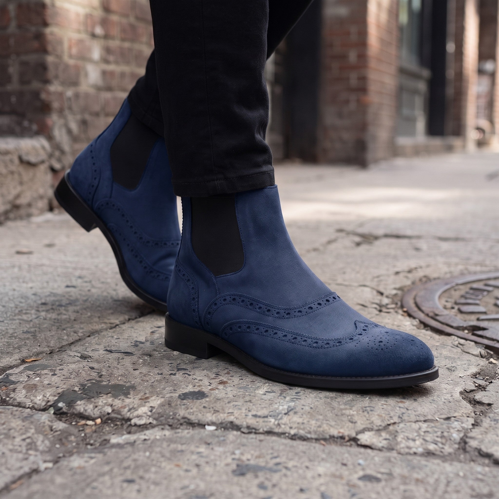 Men's Navy Blue Wingtip Suede Chelsea Boots — Biddestone