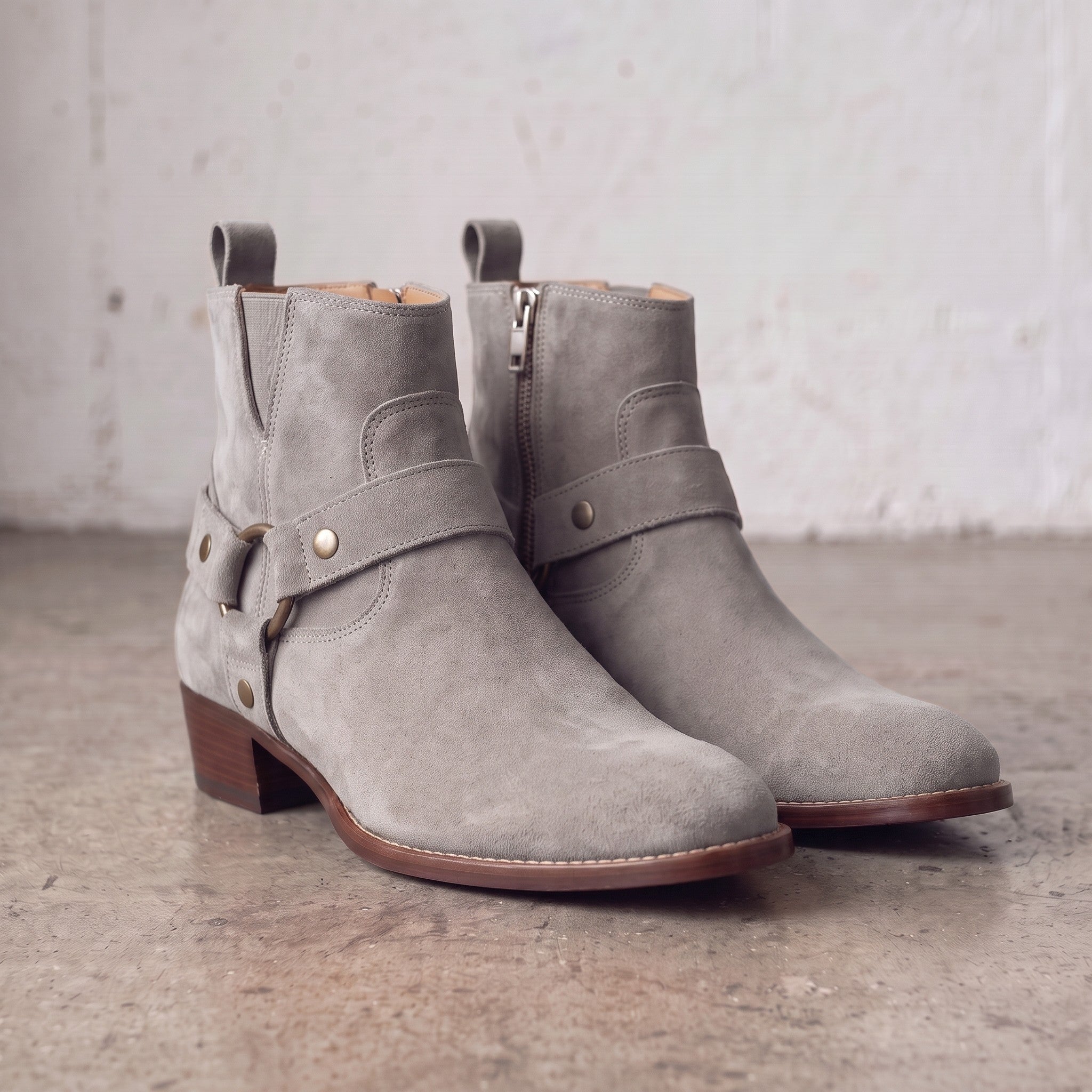 Men's Light Gray Plain-Toe Suede Harness Boots — Dalton