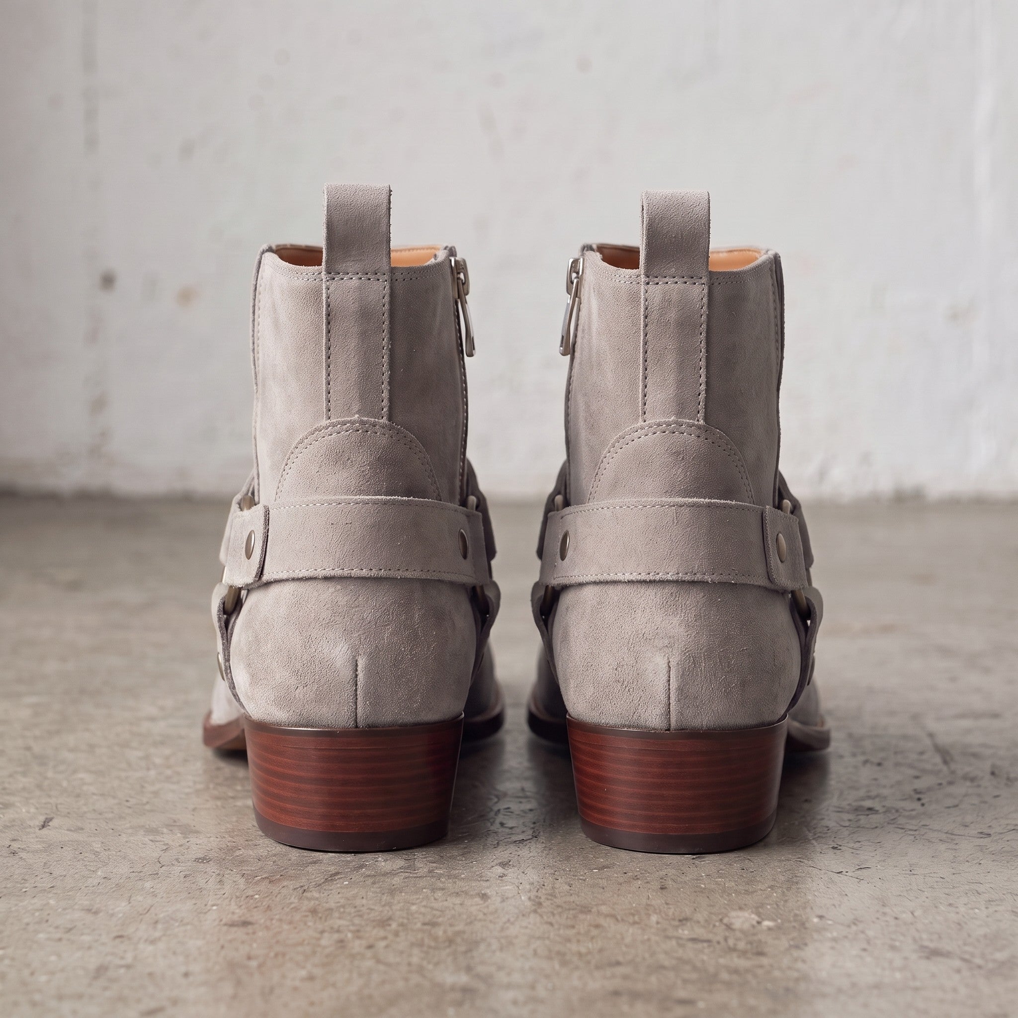 Men's Light Gray Plain-Toe Suede Harness Boots — Dalton