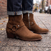 Men's Brown Plain-Toe Suede Harness Boots — Dalton