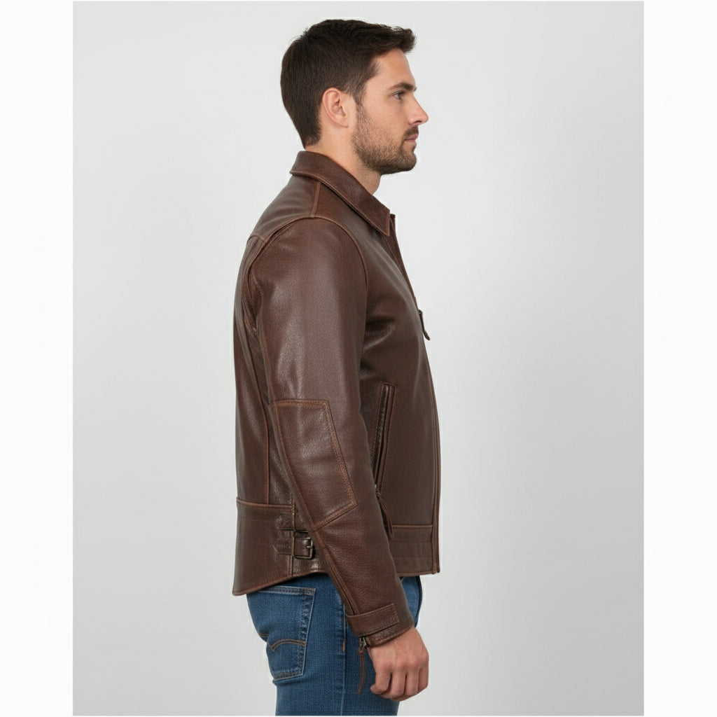 Handmade Mens Antique Brown Leather Jacket. Brown Fashion Biker Leather Jacket