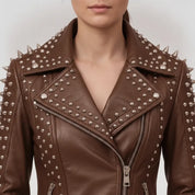 Women's Brown Studded Leather Biker Jacket — Acreley