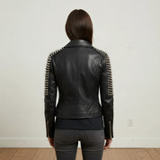 Handmade Gothic Women Black Leather Fashion Studded Jacket, Rock Fashion Jacket