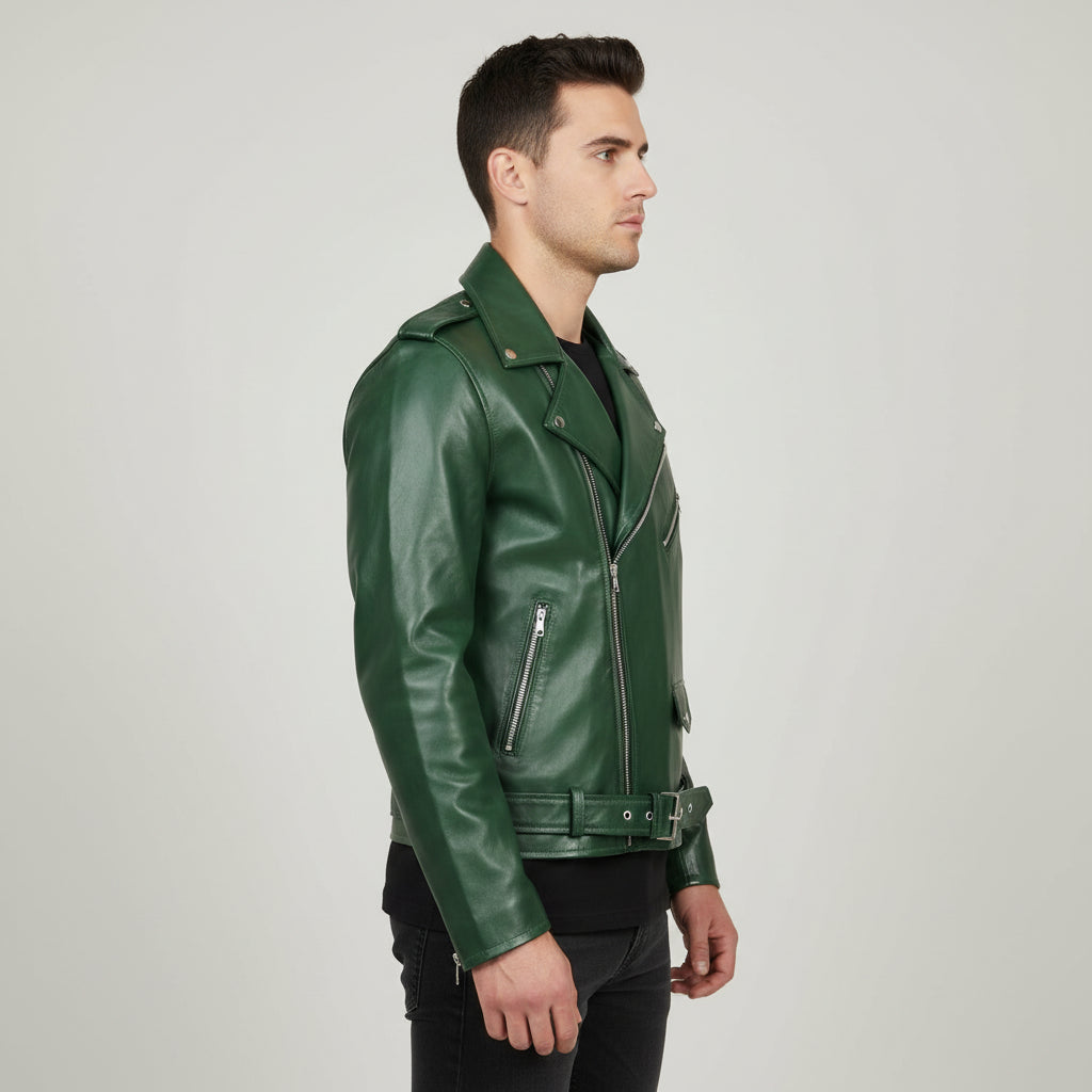Handmade Men Green Biker Leather Jacket, Green Belted Motorcyle Jacket for Men