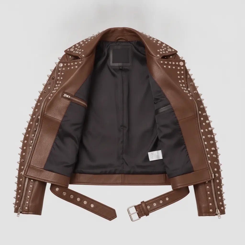Women's Brown Studded Leather Biker Jacket — Acreley