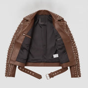 Women's Brown Studded Leather Biker Jacket — Acreley