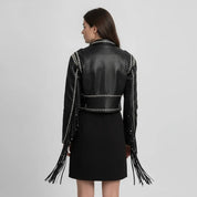 Women's Black Cropped Studded Fringe Leather Biker Jacket — Abbenshaw