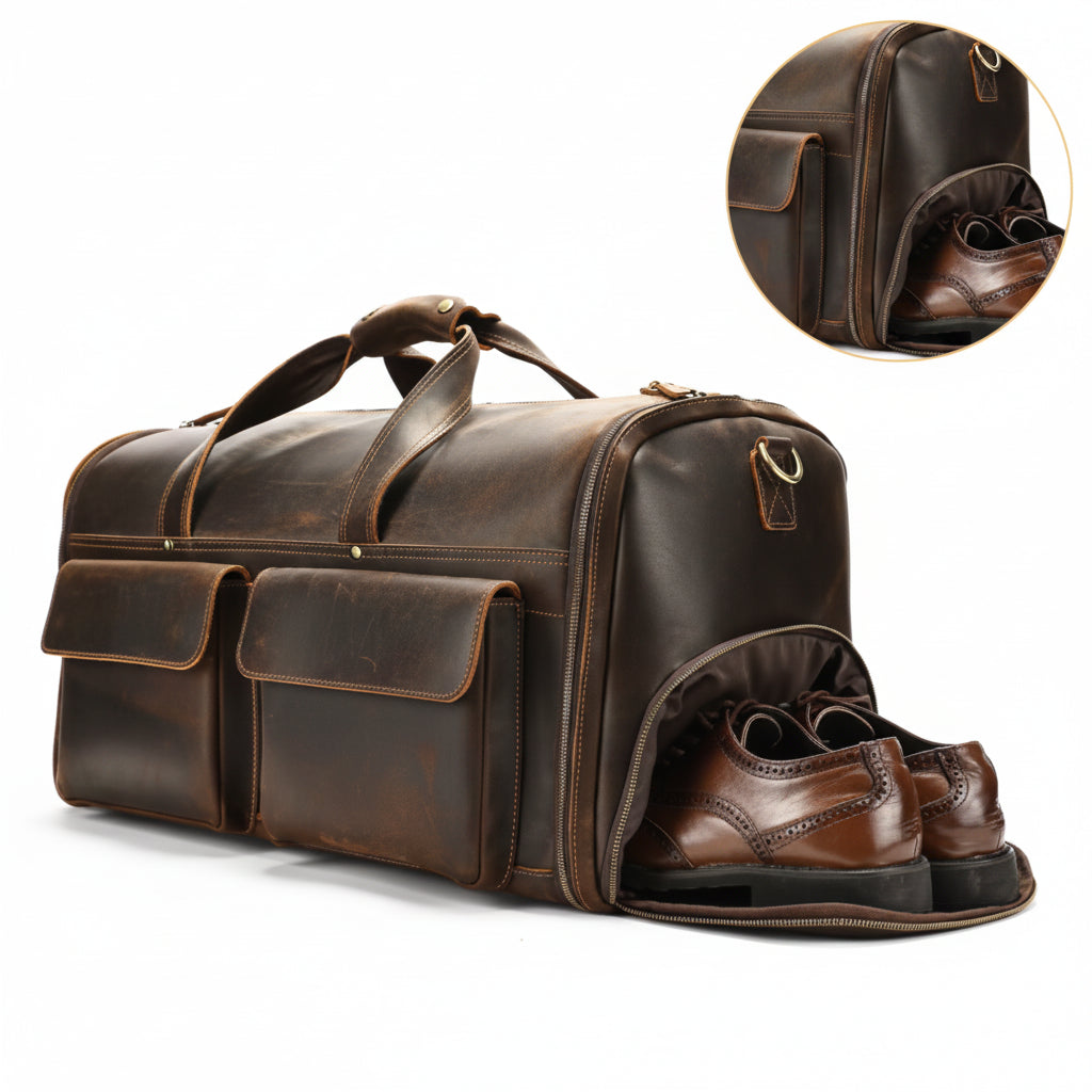 Full-Grain Leather Duffle Bag with Shoe Compartment