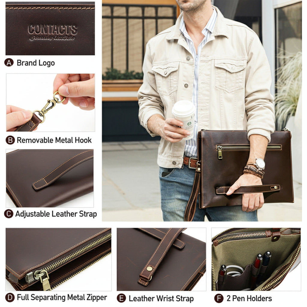 Men's Full-Grain leather Laptop Clutch, Multi-Compartment 14-inch Sleeve Bag