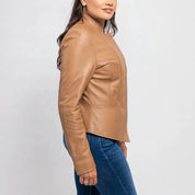 Women's Tan Asymmetric Zip Leather Biker Jacket — Shelley