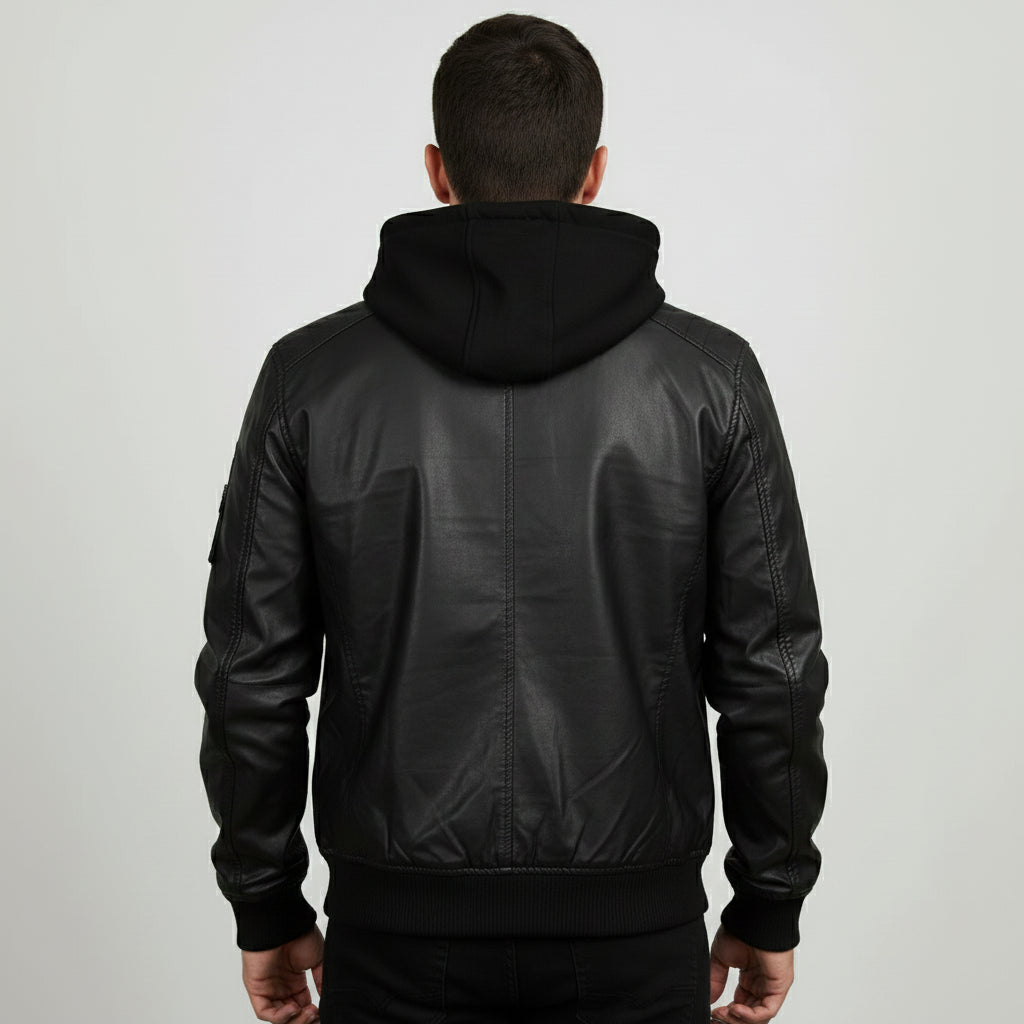 Men's Black Fabric Hooded Leather Bomber Jacket