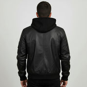 Men's Black Fabric Hooded Leather Bomber Jacket