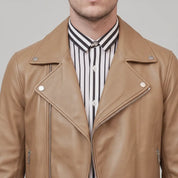 Men's Tan Asymmetric Zip Leather Perfecto Biker Jacket — Forrest