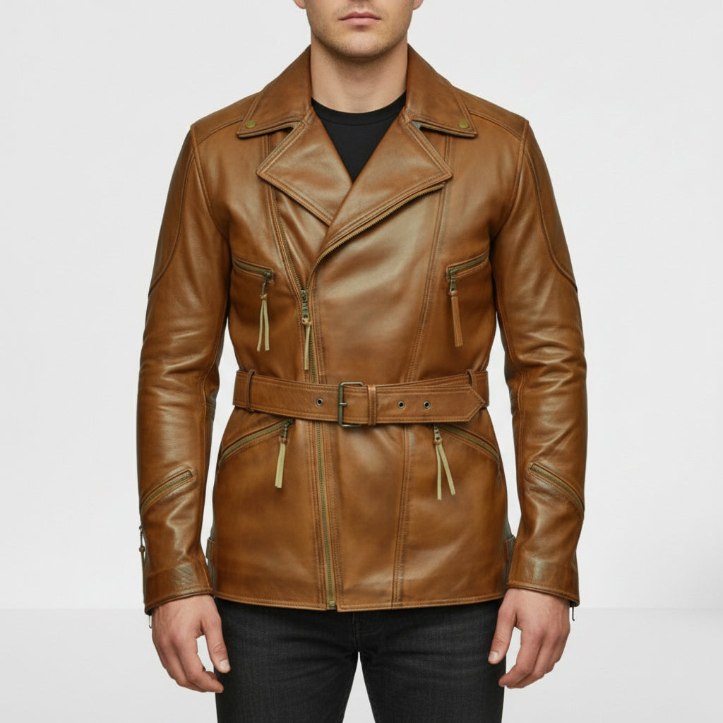 Handmade Men Antique Brown Coat Style Belted Leather Jacket with Multiple Pockets
