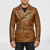 Handmade Men Antique Brown Coat Style Belted Leather Jacket with Multiple Pockets