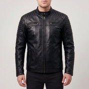 Men’s Black Leather Motorcycle Jacket with Sleeve Padding — Gedge