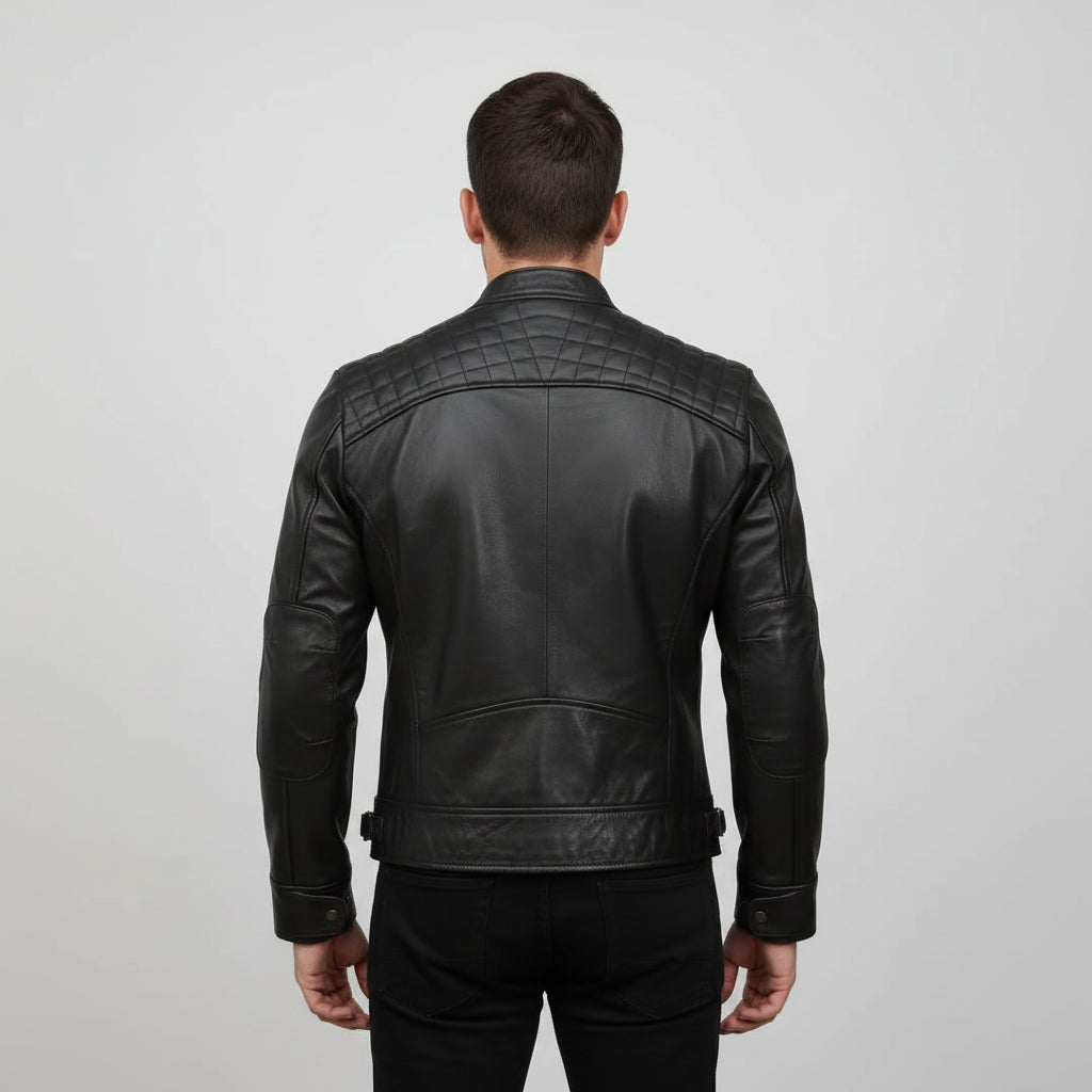 Handmade Men Black Biker Leather Jacket, Men's Stylish Black Sheep Leather Biker Jacket