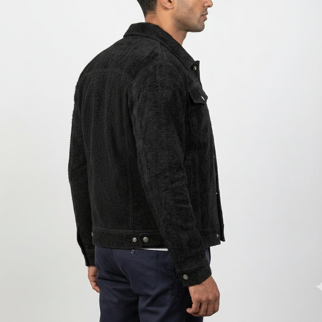 Handmade Men's Black Suede Trucker Jacket
