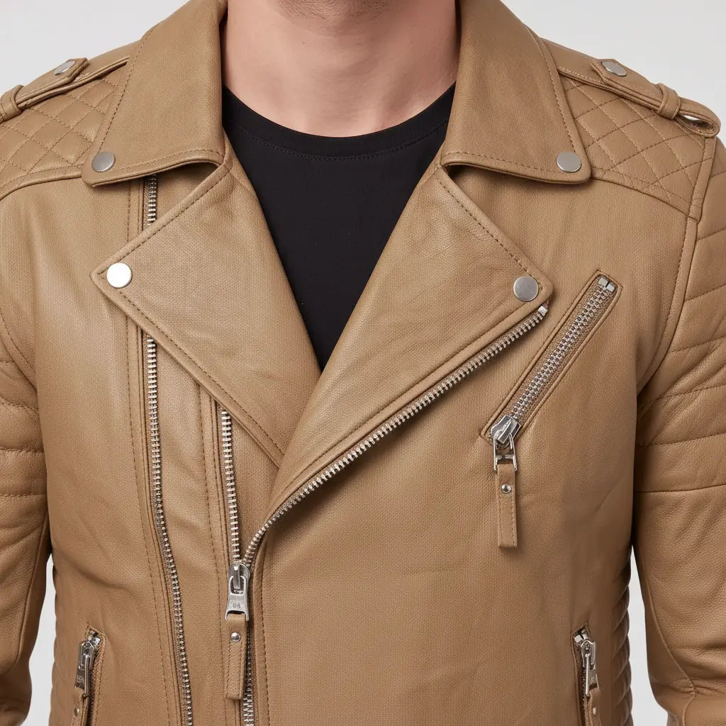 Men's Tan Leather Double Rider Biker Jacket — Carson