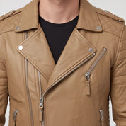 Men's Tan Leather Double Rider Biker Jacket — Carson