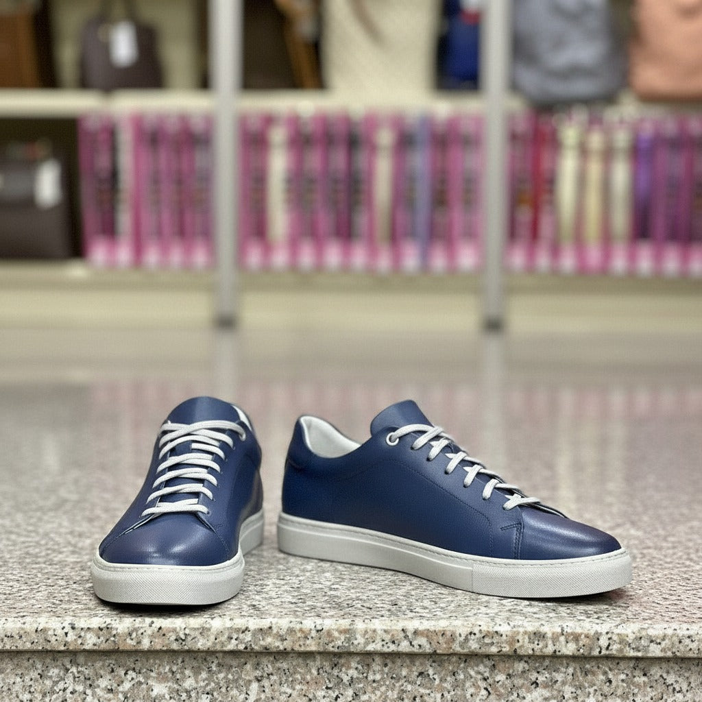 Men's Navy Blue Lace-Up Leather Sneakers