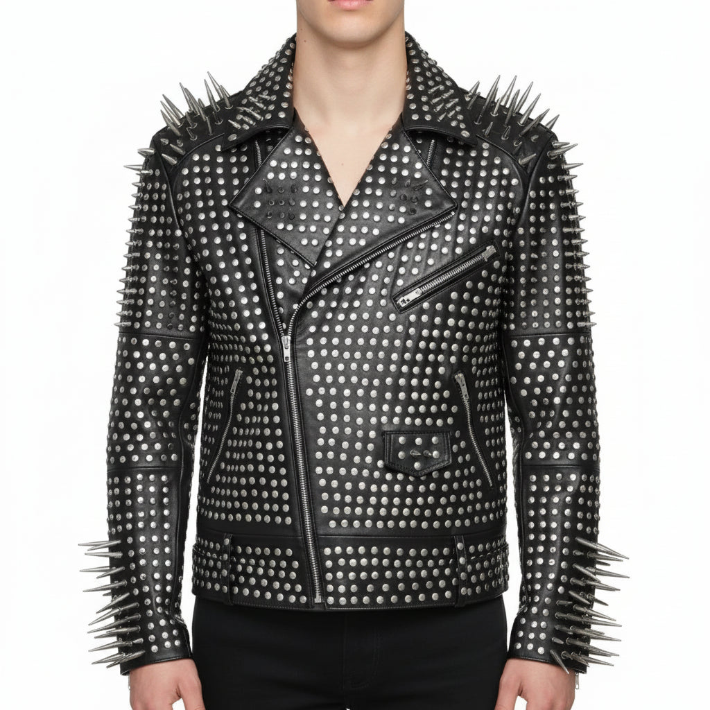 Handmade Men Full Black Punk Silver Long Spiked Studded Leather Brando Biker Jacket