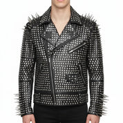 Handmade Men Full Black Punk Silver Long Spiked Studded Leather Brando Biker Jacket