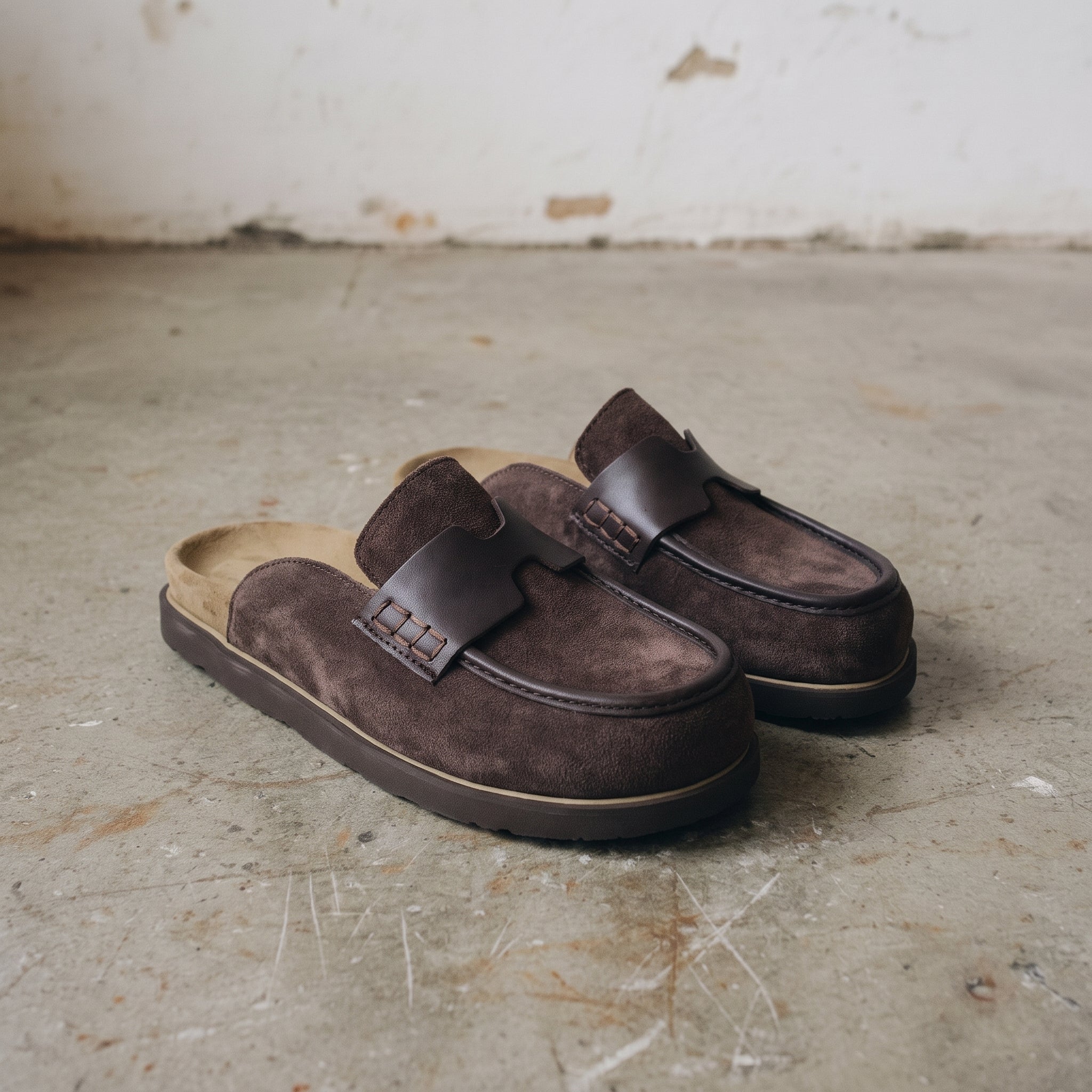 Dark Brown Suede Apron-Toe Loafer Mules — Brentley