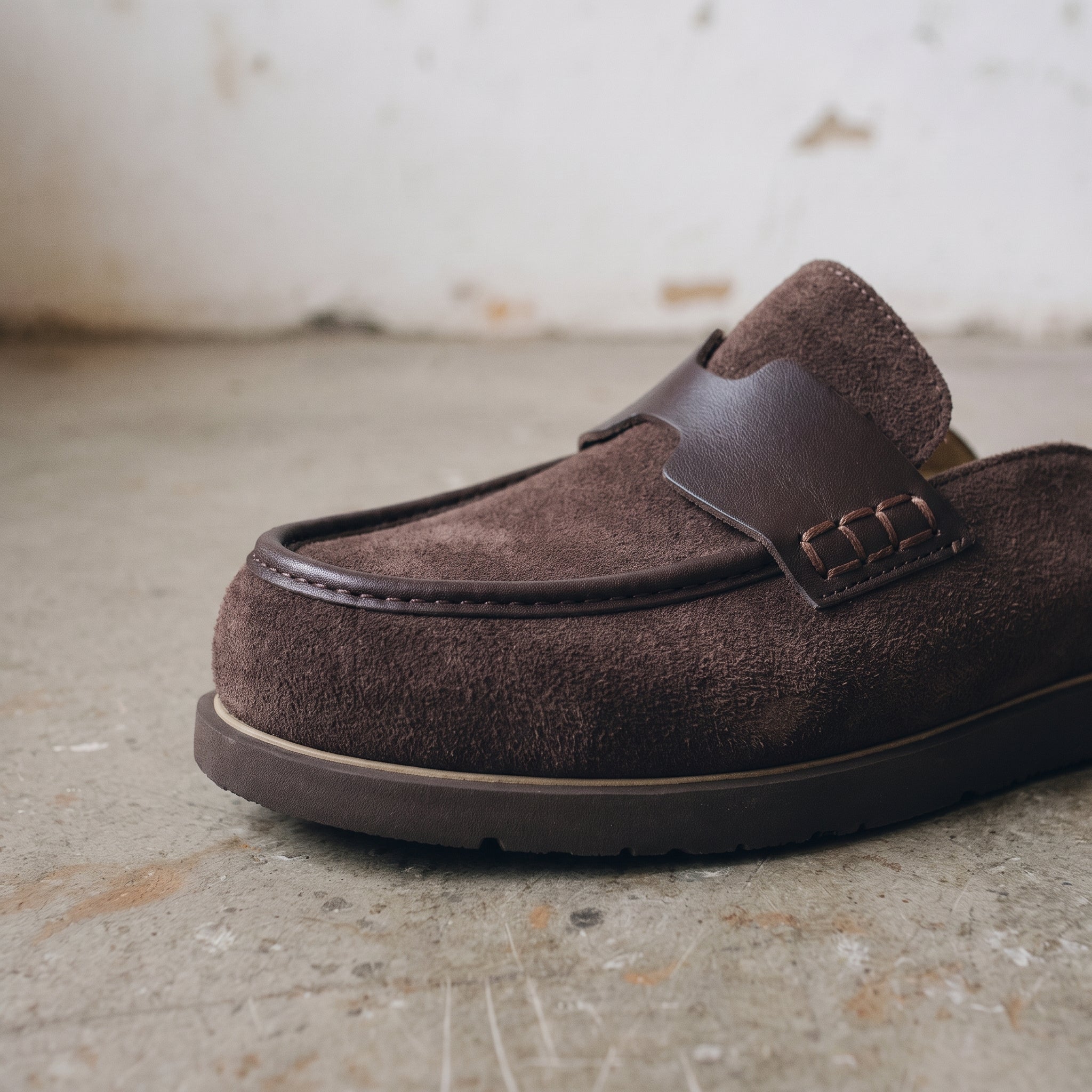 Dark Brown Suede Apron-Toe Loafer Mules — Brentley