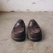 Dark Brown Suede Apron-Toe Loafer Mules — Brentley