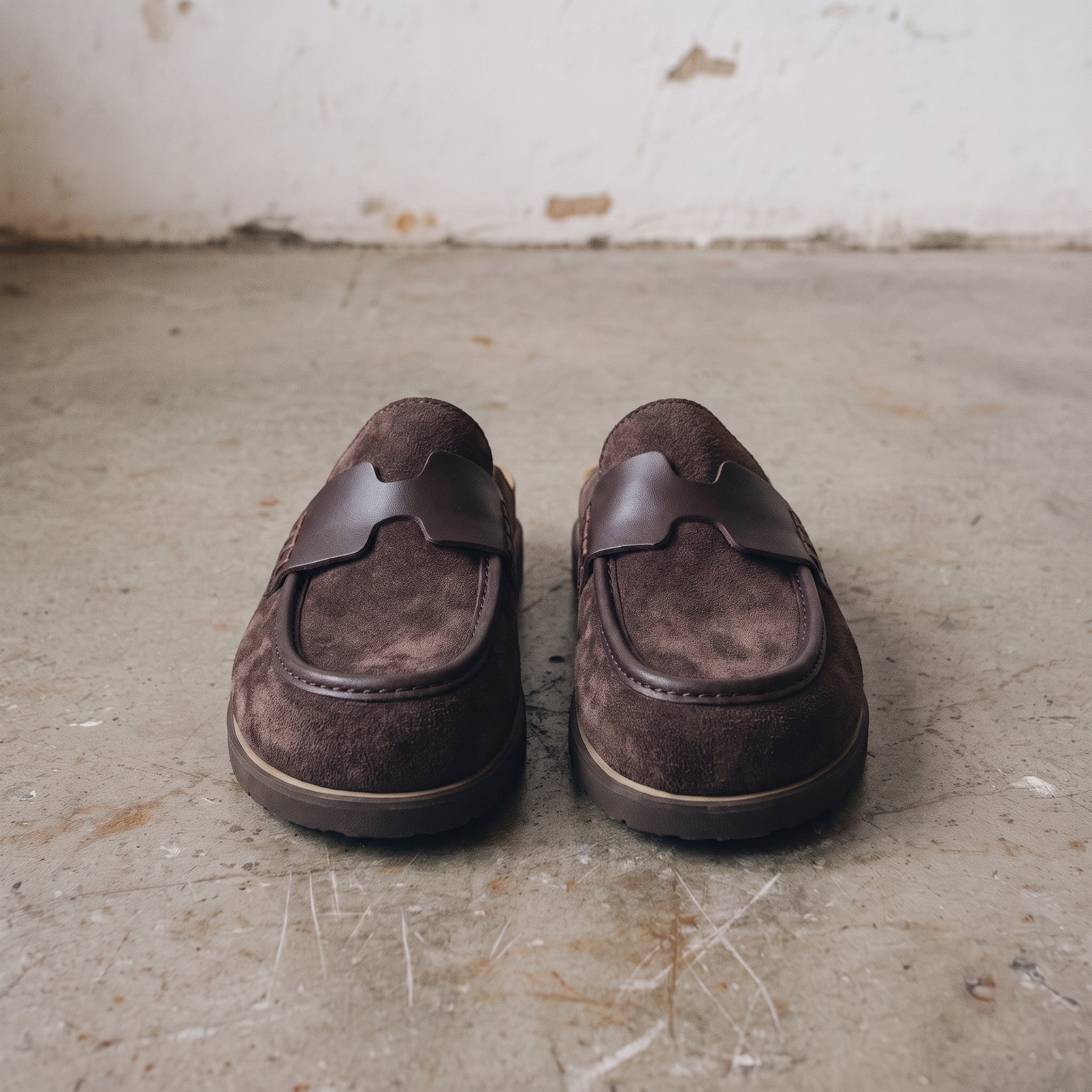 Dark Brown Suede Apron-Toe Loafer Mules — Brentley