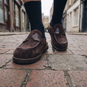 Dark Brown Suede Apron-Toe Loafer Mules — Brentley
