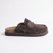 Dark Brown Suede Apron-Toe Loafer Mules — Brentley