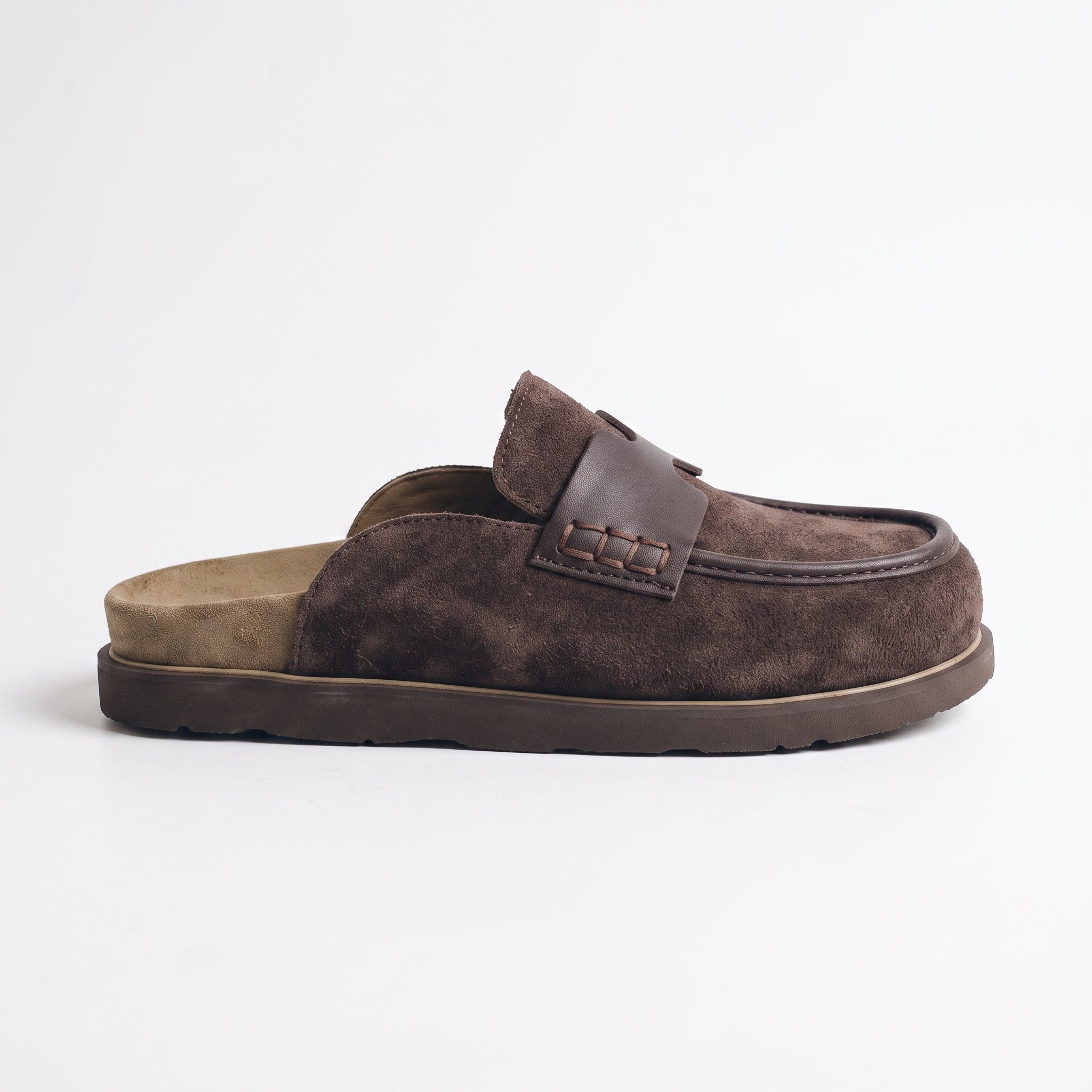 Dark Brown Suede Apron-Toe Loafer Mules — Brentley