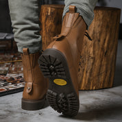 Men's Tan Plain-Toe Pebbled Leather Biker Boots