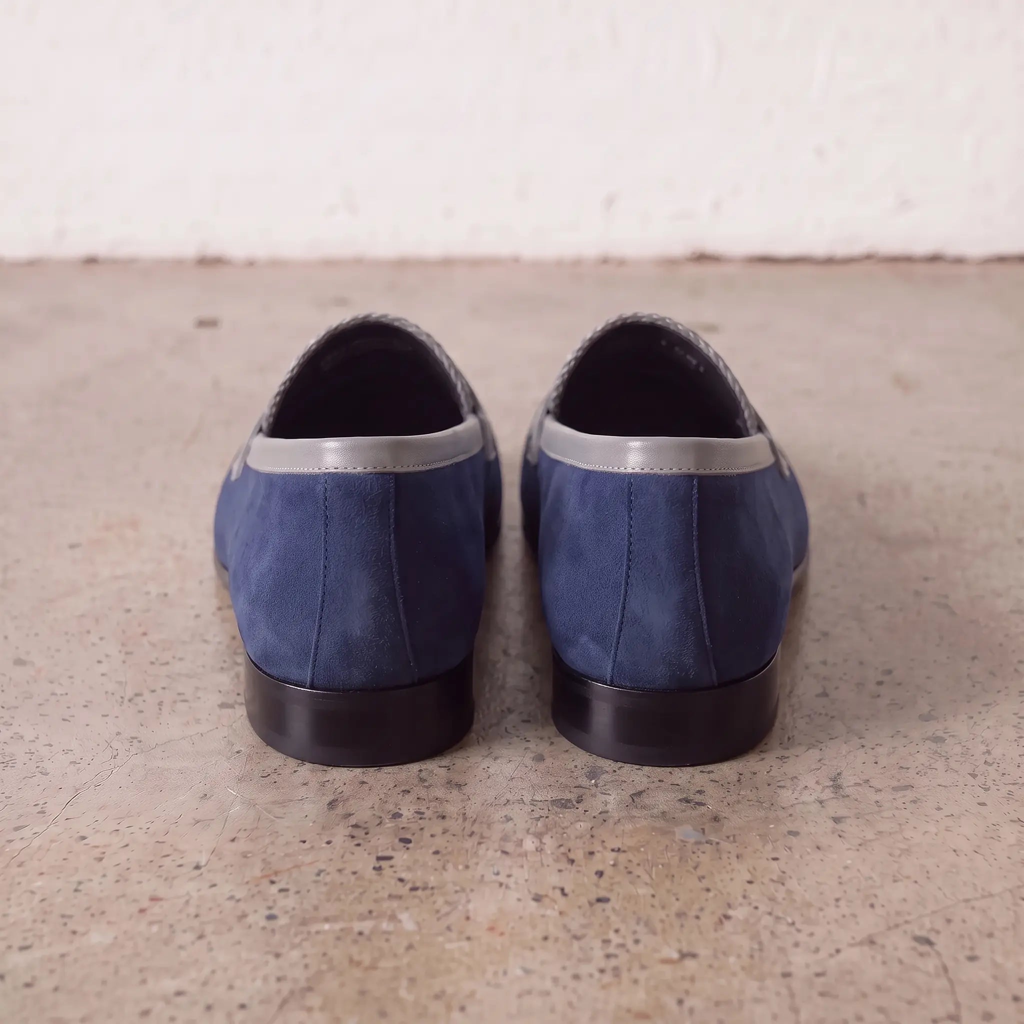 Men's Blue and Light Gray Apron-Toe Suede Penny Loafers — Akenside