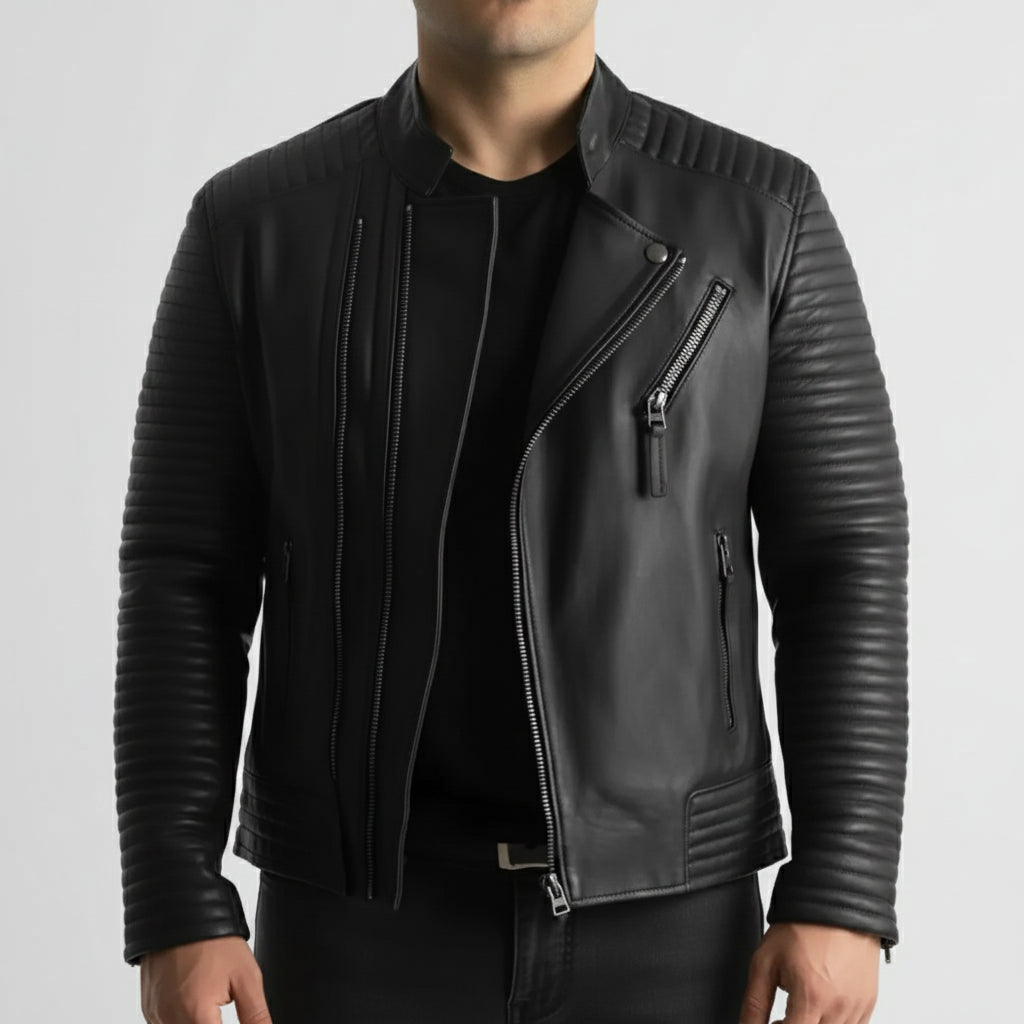 Handmade Mens Leather Jacket Black Quilted Genuine Lambskin Biker Motorcycle