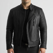 Handmade Mens Leather Jacket Black Quilted Genuine Lambskin Biker Motorcycle