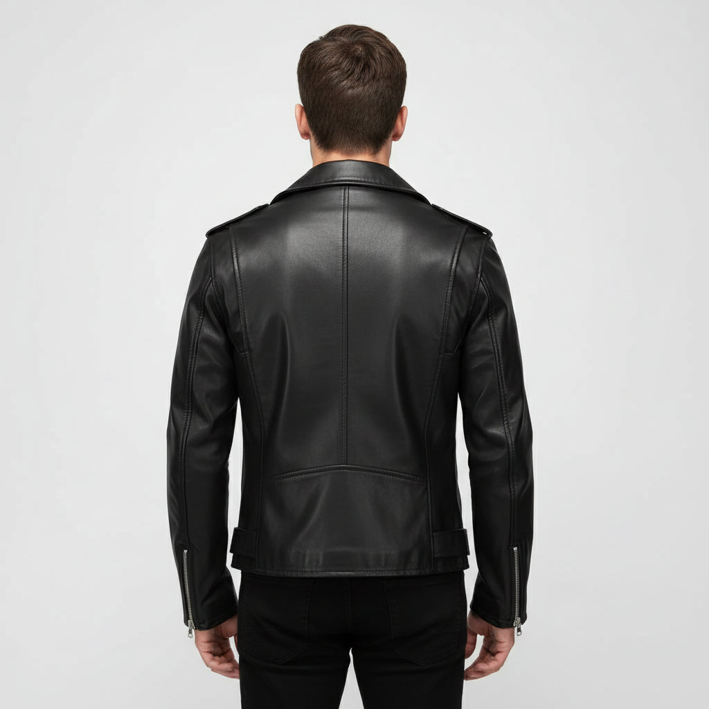 Men's Black Full-Grain Leather Belted Biker Jacket