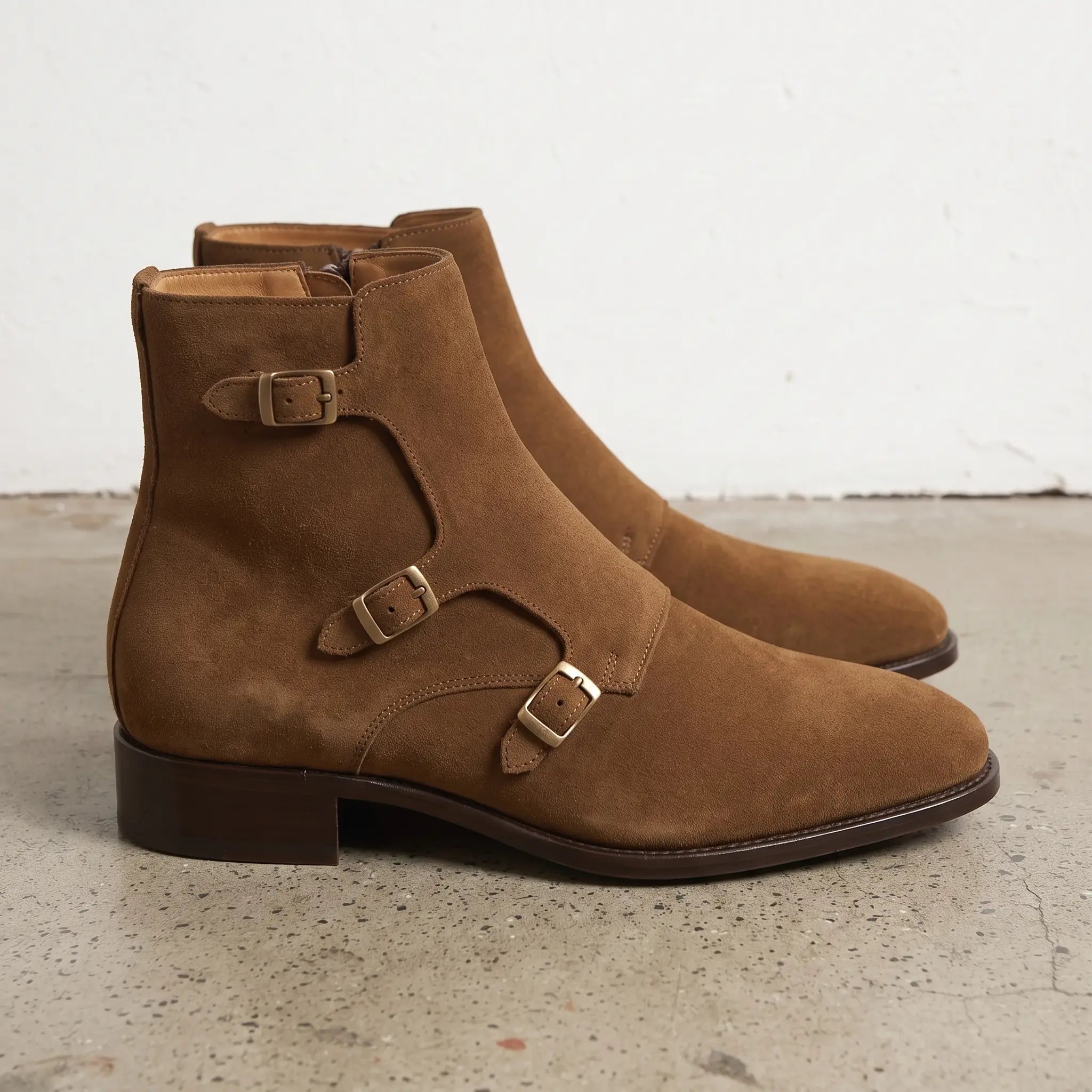 Men's Brown Plain-Toe Suede Triple Monk Boots — Hawley