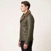 Men's Olive Green and Brown Shearling Leather Biker Jacket — Brighouse