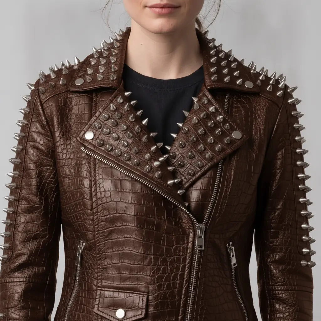 Women's Brown Alligator-Embossed Leather Studded Biker Jacket — Dunstall